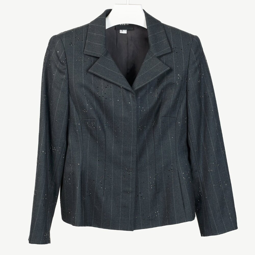 Akris Black Pinstripe-Wool Rhinestone-Embellished Blazer